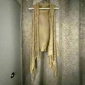 Boho Fringe Open Cardigan Sweater Vest, Size Small, Olive/Beige